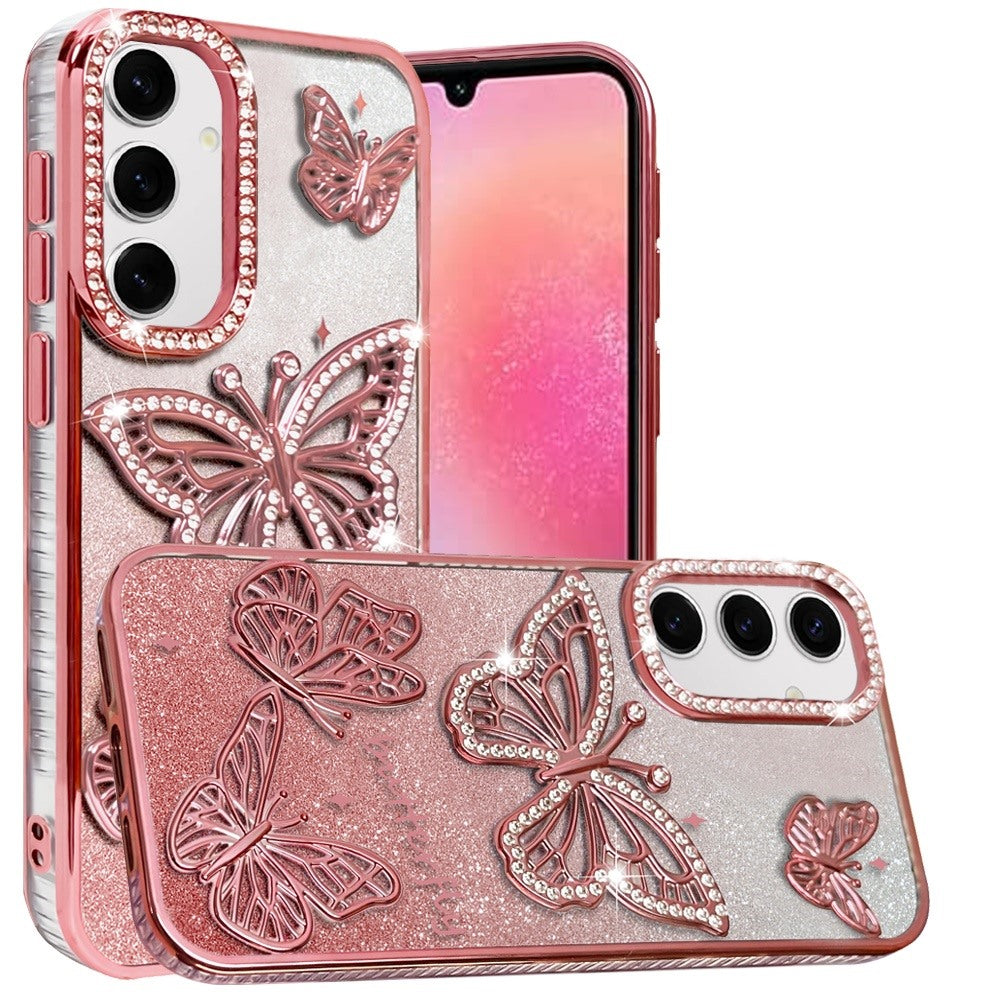 For Samsung Galaxy A16 Luxury Butterfly Sparkle Glitter Diamond Crystal Rhinestone Shimmer Bling Plating Thick TPU Hard PC Case Cover