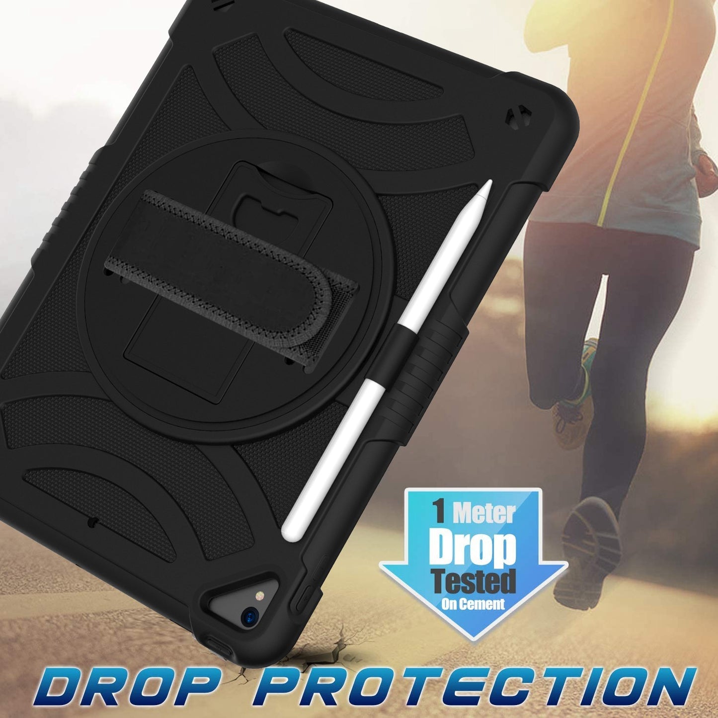 For 3-in-1 Tough Hybrid Shockproof Protector Silicone TPU with Pencil Holder, Kickstand, Hand & Shoulder Strap Black Tablet Case Cover