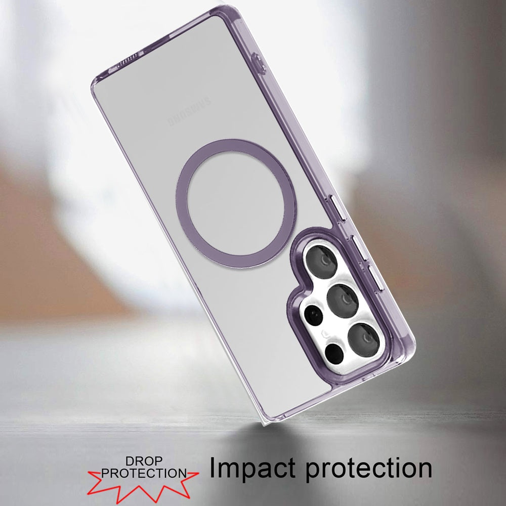 For Samsung Galaxy S25 Ultra Transparent Back Hybrid Case - Magnetic Circle, Color Frame, Metal Buttons, MagSafe Compatible Case Cover
