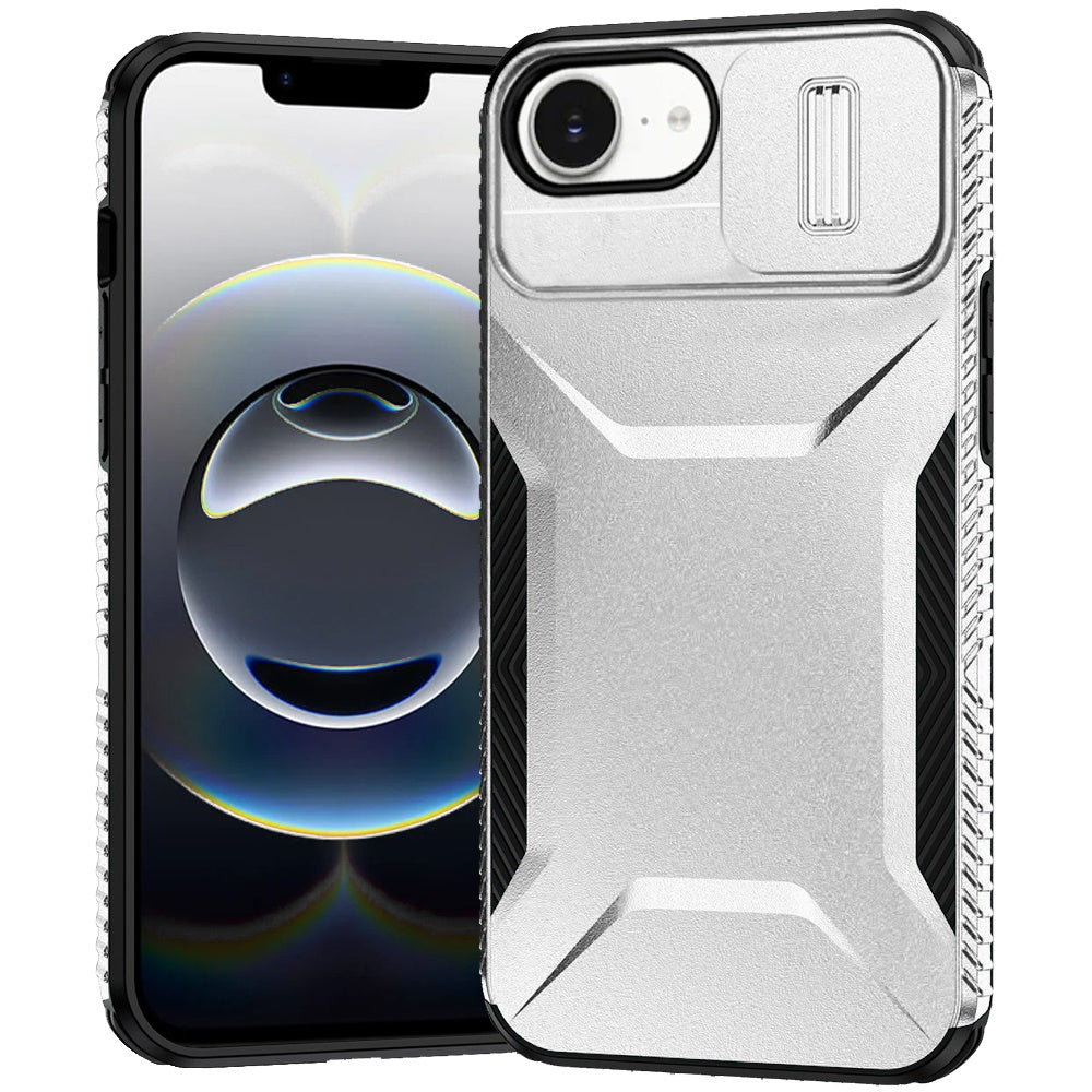 For Apple iPhone 16e Slim Fit Shockproof Hybrid with Slide Camera Window Covering, Rugged Tpu Silicone Hard PC Bumper Case Cover Silver