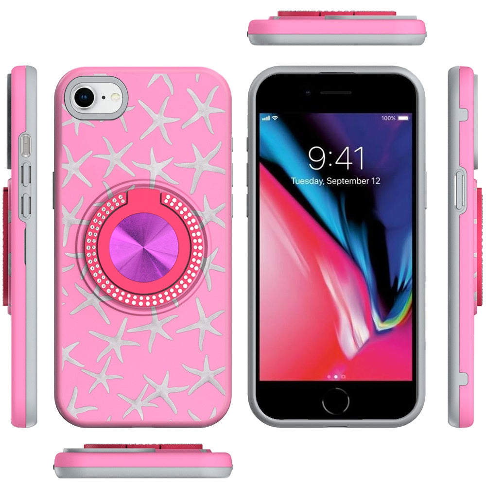 For Apple iPhone SE 3 (2022) SE/8/7 Pattern Design Hybrid with Invisible Ring Stand & Magnetic Back, Shockproof Protective Grip Case Cover