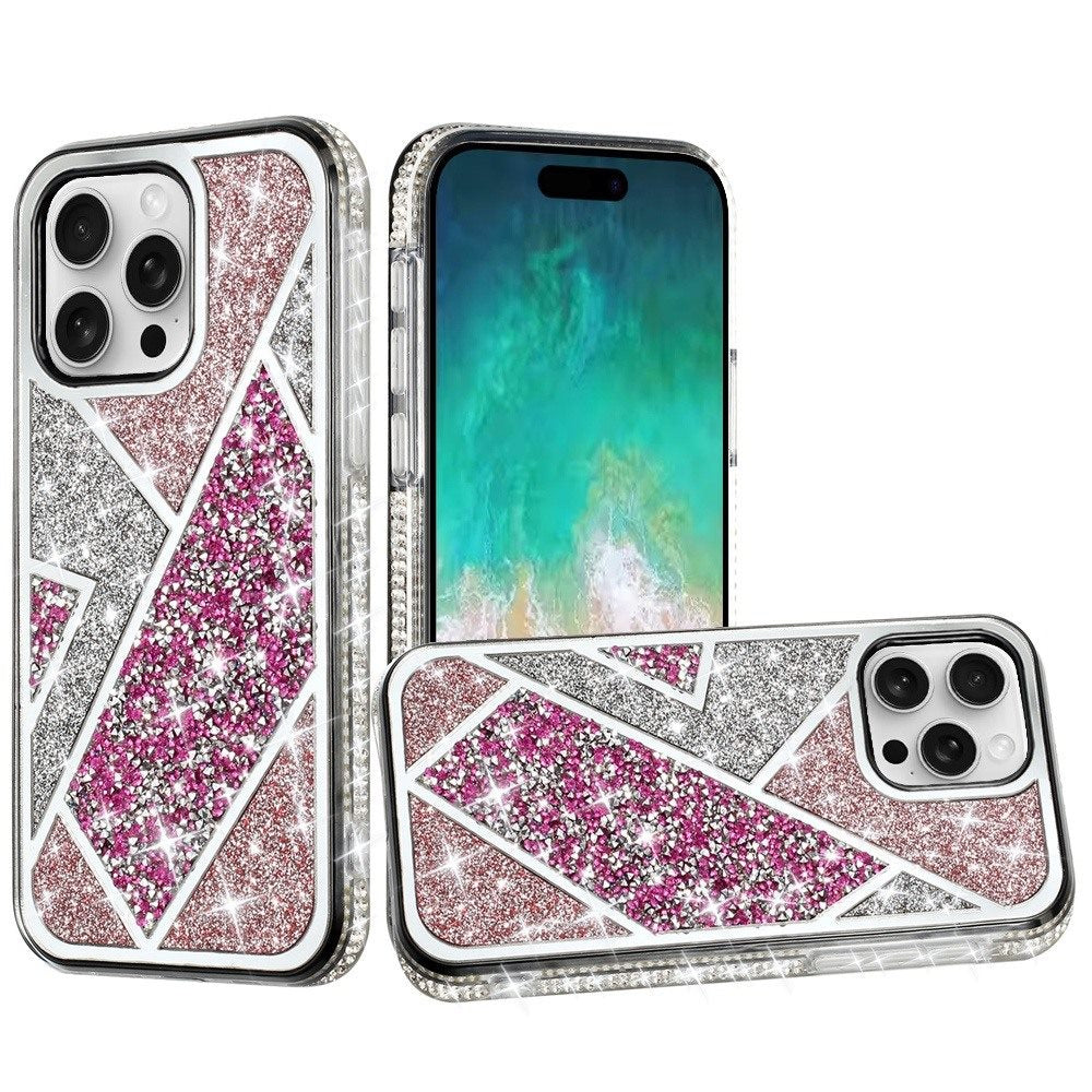 For Apple iPhone 16 Pro (6.3") Cute Fancy Glitter Bling Diamond Rhinestone Sparkly Bumper Fashion Shiny Hybrid Rugged TPU Case Cover Rose Pink