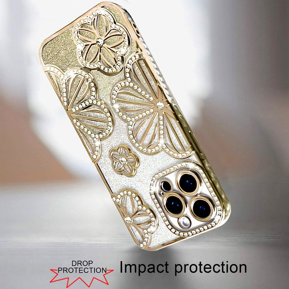 For Samsung Galaxy A16 Luxury Flower Design Sparkle Glitter Diamond Rhinestone Shimmer Bling Plating Thick TPU Hard PC Case Cover Flower Gold