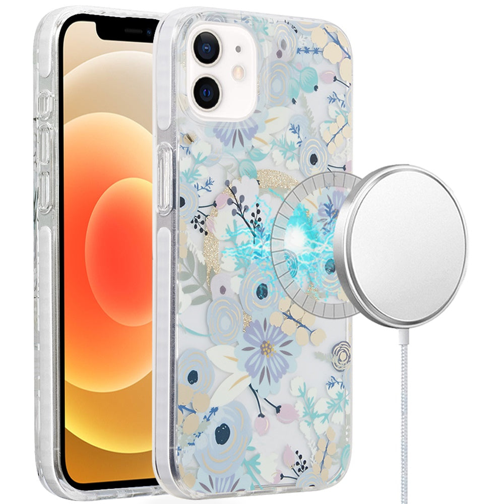 For Apple iPhone 16 Pro Max (6.9") Floral Pattern Design Cute Clear Hybrid Compatible with Magsafe Double Layer Soft TPU Hard PC Case Cover