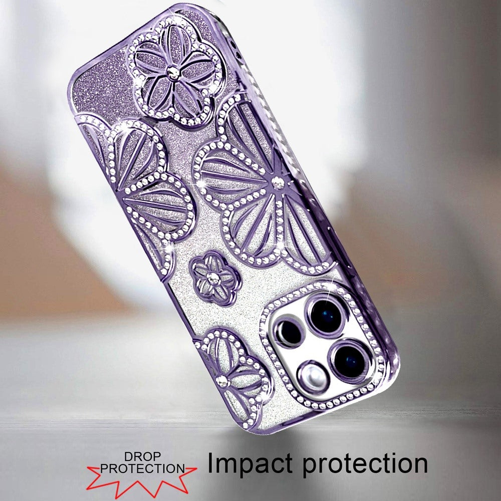 For Samsung Galaxy A16 Luxury Flower Design Sparkle Glitter Diamond Rhinestone Shimmer Bling Plating Thick TPU Hard PC Case Cover Flower Purple