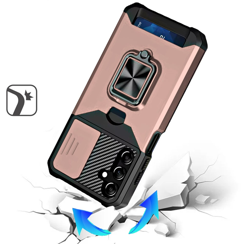 For Samsung Galaxy A16 5G Wallet Case with Ring Stand & Slide Camera Cover Credit Card Holder, Military Grade Hard Shockproof Case Cover Rose Gold