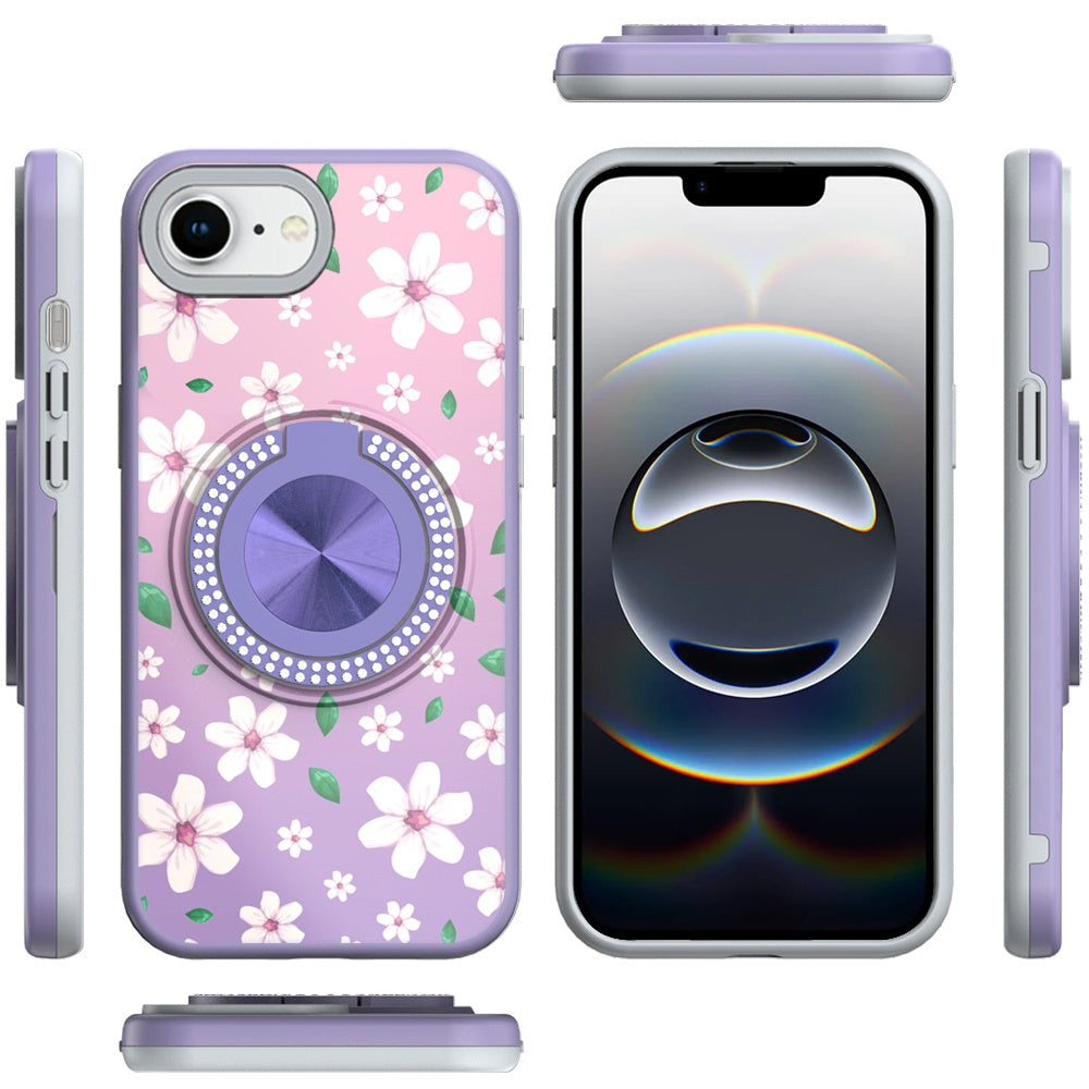 For Apple iPhone 16e Pattern Design Hybrid with Invisible Ring Stand & Magnetic Back, Shockproof Protective Grip Case Cover