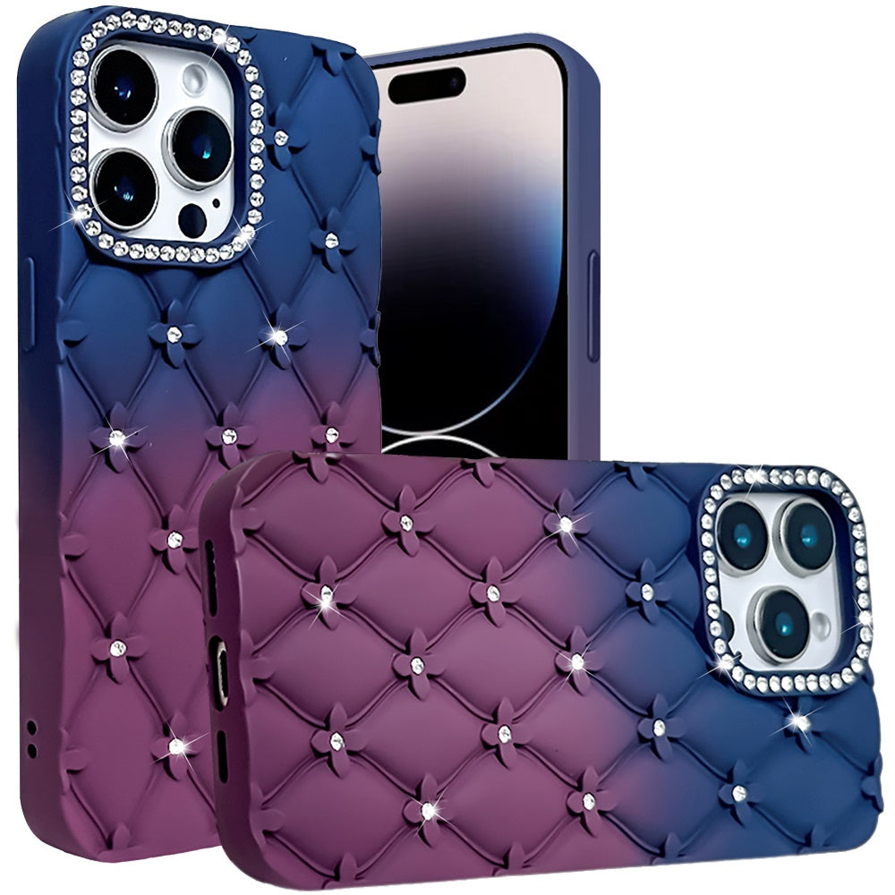 For Apple iPhone 15 Pro Max (6.7") Fashion Flower Design Sparkle Glitter Shimmer Rhinestone Bling Leather Feel Thick TPU Rubber Hard PC Case Cover
