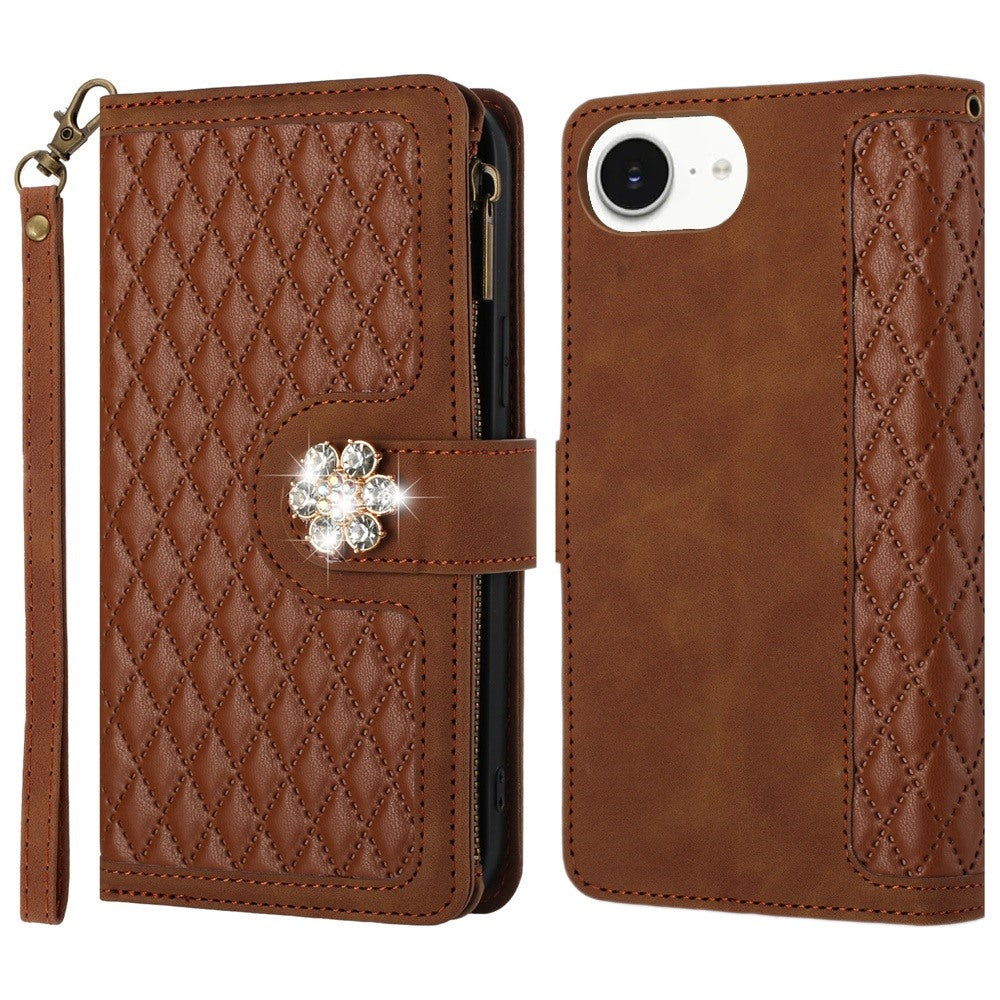 For Apple iPhone 16e (E edition) PU Leather Wallet Design Jewel Bling with Credit Card Holder Flip Folio Pouch Zipper Purse Wrist Strap Case Cover