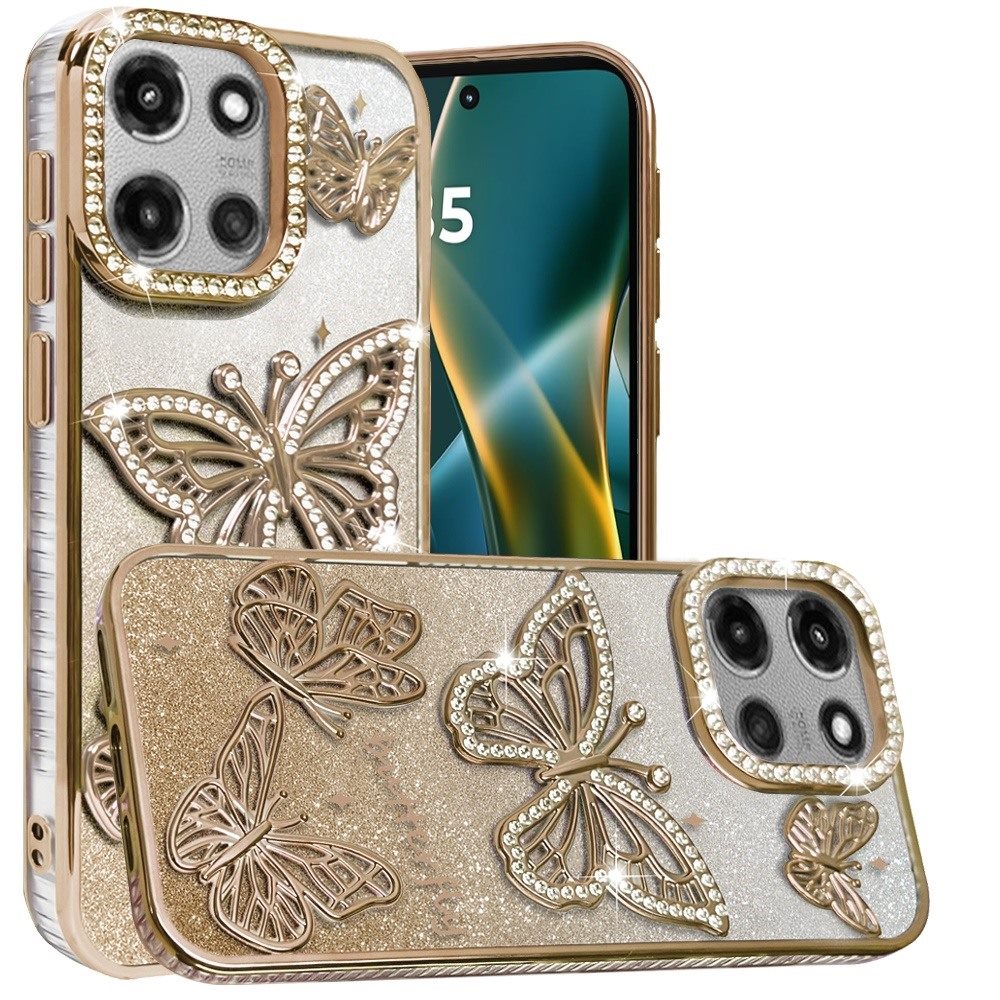For Motorola Edge 2025 Luxury Butterfly Sparkle Glitter Diamond Crystal Rhinestone Shimmer Bling Plating Thick TPU Hard PC Case Cover