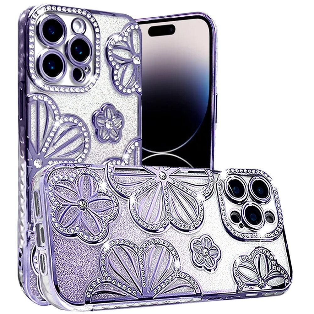 For Apple iPhone 16 Pro (6.3") Luxury Floral Design Sparkle Glitter Diamond Crystal Rhinestone Shimmer Bling Plating Thick TPU Hard PC Case Cover