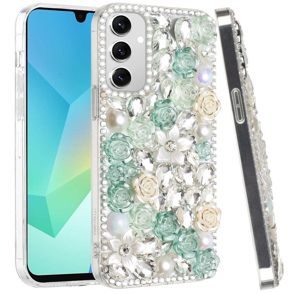 For Samsung Galaxy A16 5G Fashion Rose Flower Floral Bling Crystal 3D Full Diamonds Pearl Sparkle Rhinestone Glitter Hybrid Case Cover