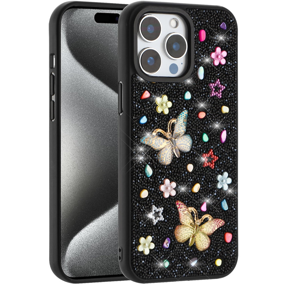 For Apple iPhone 15 Pro Max Diamond Butterfly 3D Glitter Bling Design, Slim Hybrid Sparkle Protective Cover TPU for Women Girls Case Cover
