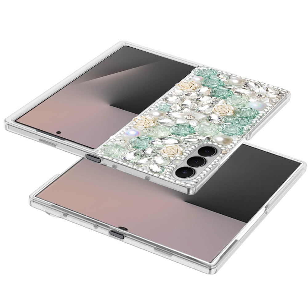 For Samsung Galaxy Z Fold 7 Fashion Rose Flower Floral Bling Crystal 3D Full Diamonds Pearl Sparkle Rhinestone Glitter Hybrid Case Cover