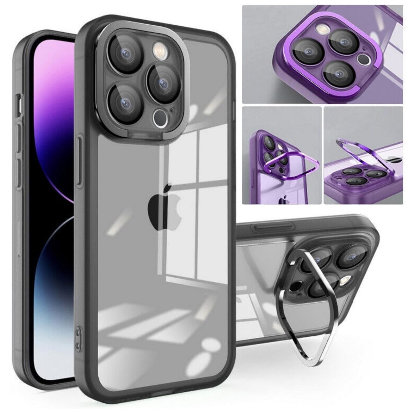 For Apple iPhone 15 Pro Max (6.7") Built-in Camera Kickstand Shockproof Iridescent Holographic Colorful TPU Protective Phone Case Cover