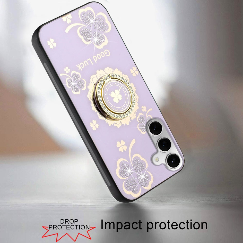 For Apple iPhone SE 4 Diamonds 3D Fashion Floral Bling Sparkly Glitter Ornaments Engraving Hybrid with Ring Stand Case Cover Purple Good Luck Floral