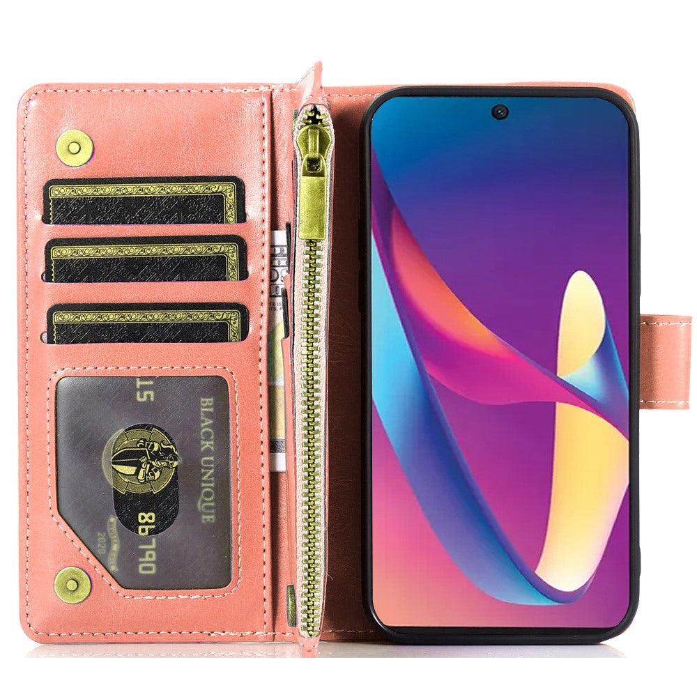 For Samsung Galaxy A16 5G PU Leather Zipper Wallet Case 9 Credit Card Slots Cash Money Pocket Clutch Pouch with Stand & Strap Case Cover Rose Gold