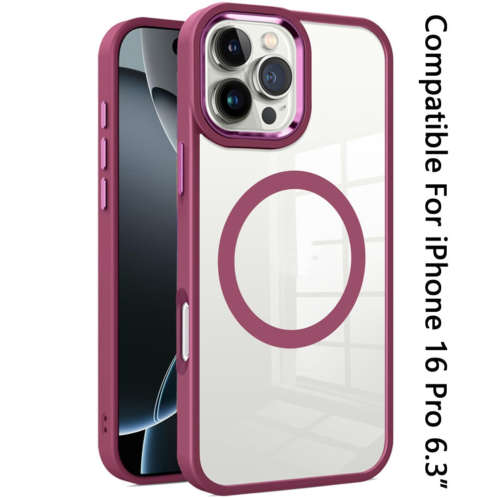 For Apple iPhone 16 Pro (6.3") MagSafe Compatible Transparent Greatest Clear Acrylic with Color Frame Thick Hybrid TPU Hard Case Cover