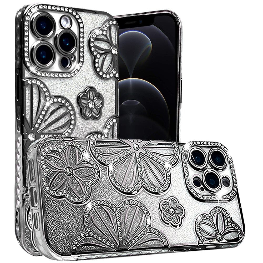 For Samsung Galaxy A16 5G Luxury Flower Design Sparkle Glitter Diamond Rhinestone Shimmer Bling Plating Thick TPU Hard PC Case Cover Flower Black