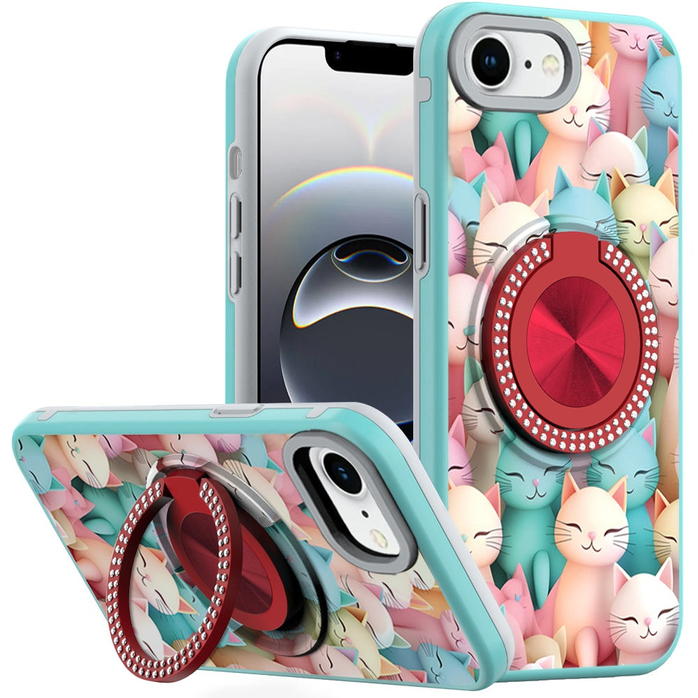 For Apple iPhone 16e Pattern Design Hybrid with Invisible Ring Stand & Magnetic Back, Shockproof Protective Grip Case Cover