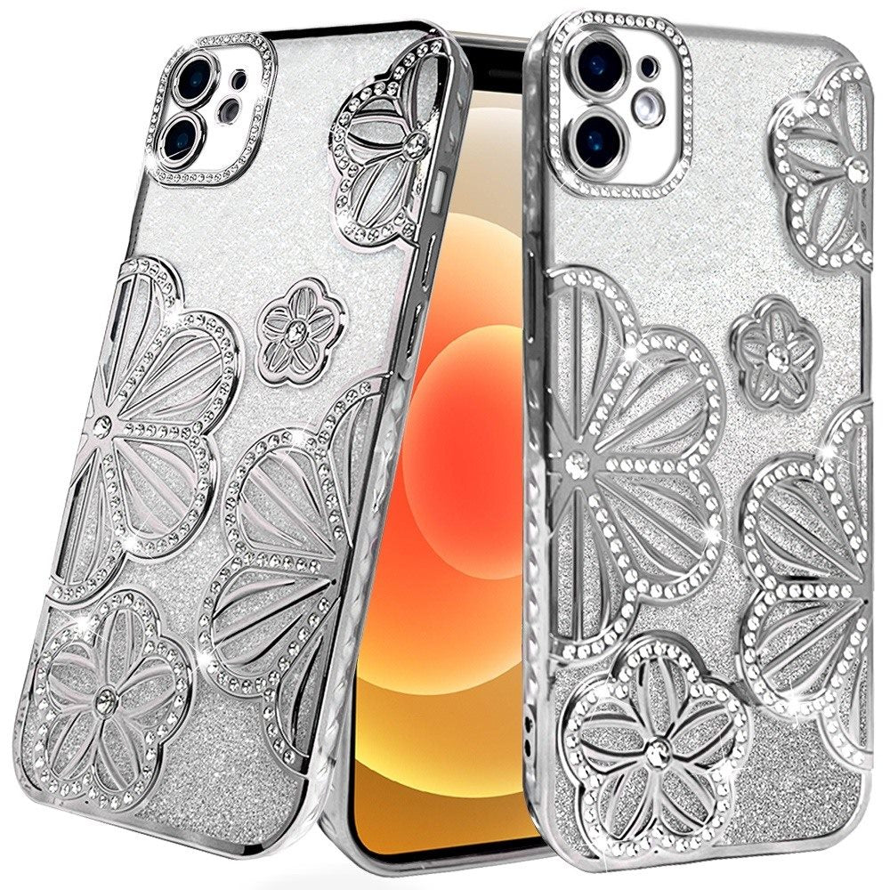 For Apple iPhone 16 Pro (6.3") Luxury Floral Design Sparkle Glitter Diamond Crystal Rhinestone Shimmer Bling Plating Thick TPU Hard PC Case Cover