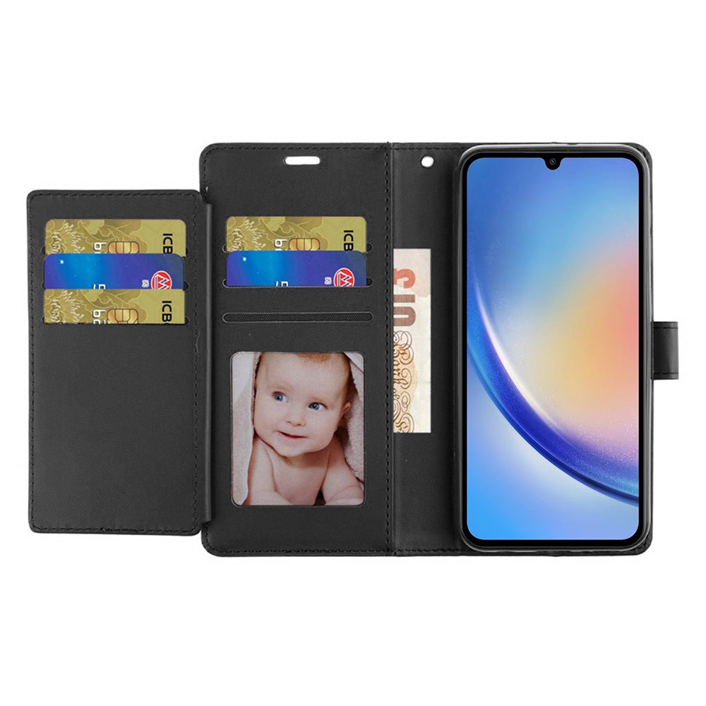 For Samsung Galaxy A16 5G Premium Leather Wallet with Credit Card ID Slots Cash Holder Duo Flip Pouch Stand and Strap Case Cover Black