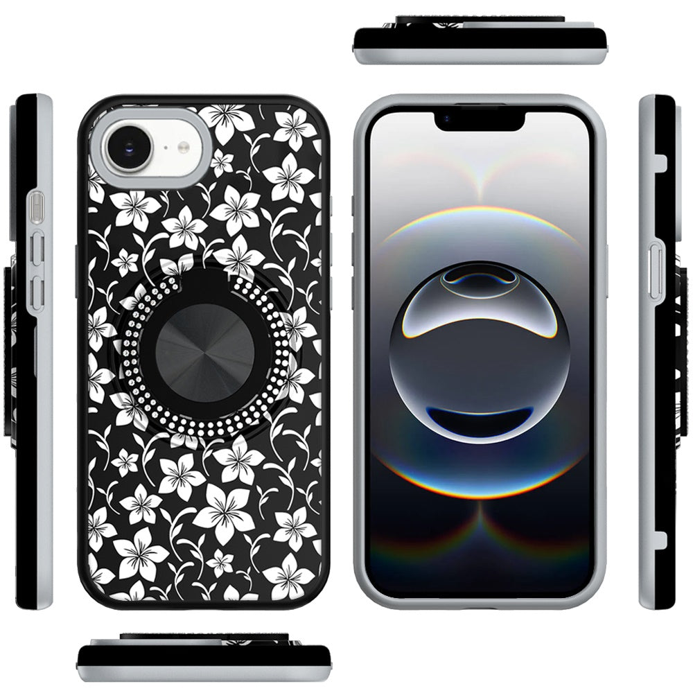 For Apple iPhone 16e Pattern Design Hybrid with Invisible Ring Stand & Magnetic Back, Shockproof Protective Grip Case Cover Classic Floral