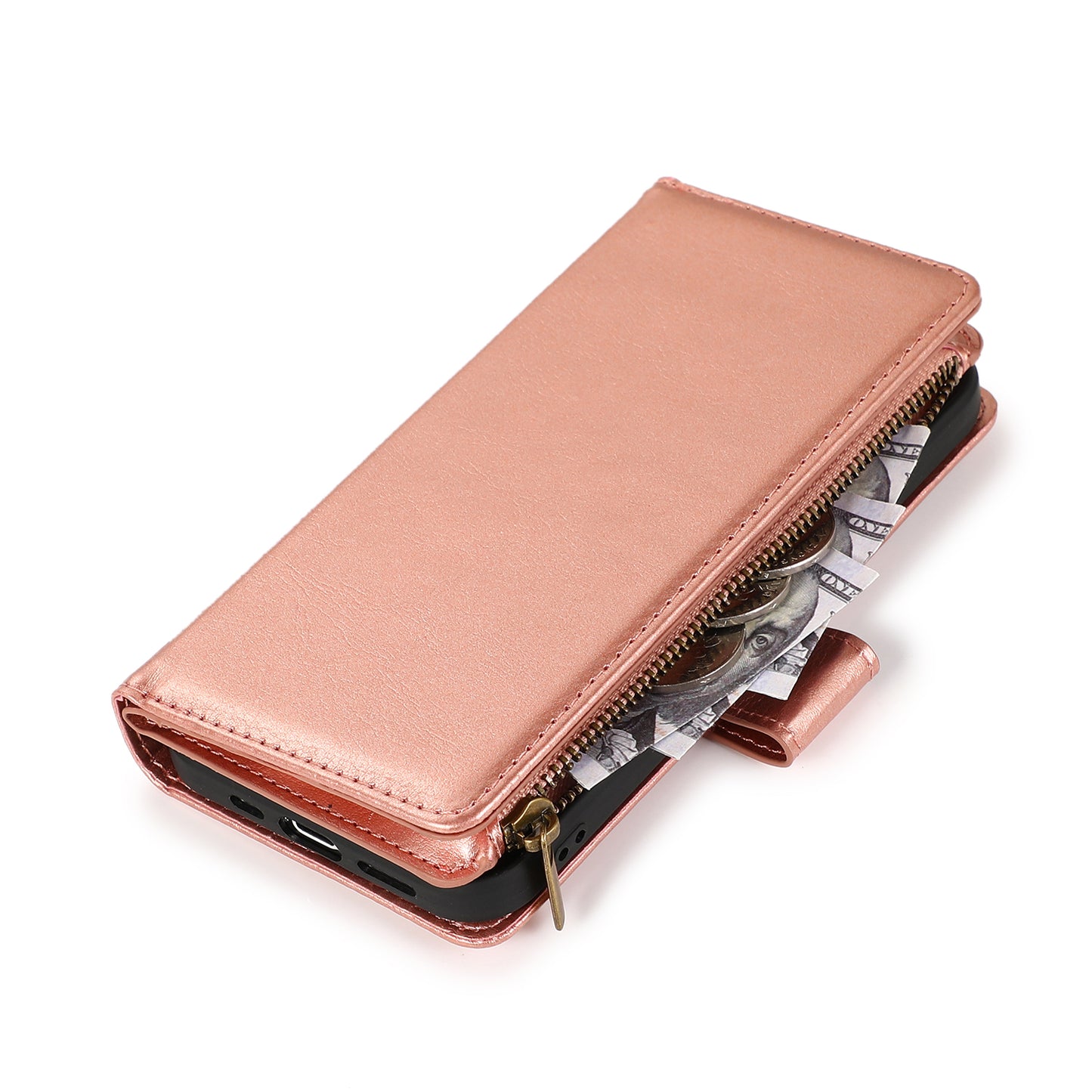 For Samsung Galaxy A16 5G PU Leather Zipper Wallet Case 9 Credit Card Slots Cash Money Pocket Clutch Pouch with Stand & Strap Case Cover Rose Gold