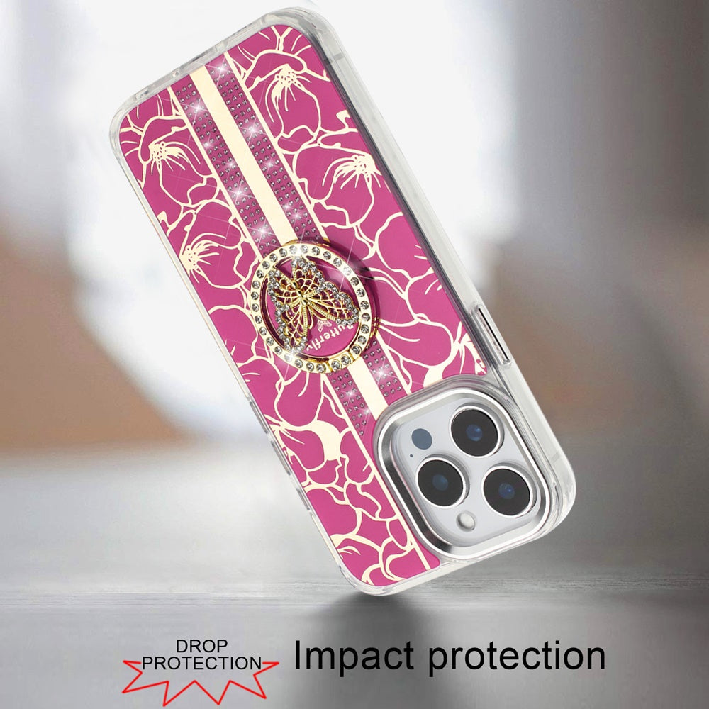 For Motorola Moto G 5G 2025 Diamonds 3D Butterfly Floral Design Bling Sparkly Glitter Hybrid Metal Fashion with Ring Stand Case Cover Hot Pink