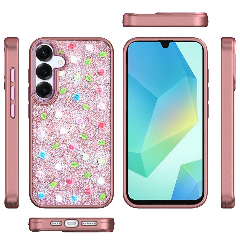 For Samsung Galaxy A16 Floral Design Embedded Glass Diamond Fancy Fashion Glitter Bling Sparkly Hybrid Rugged TPU Bumper Case Cover