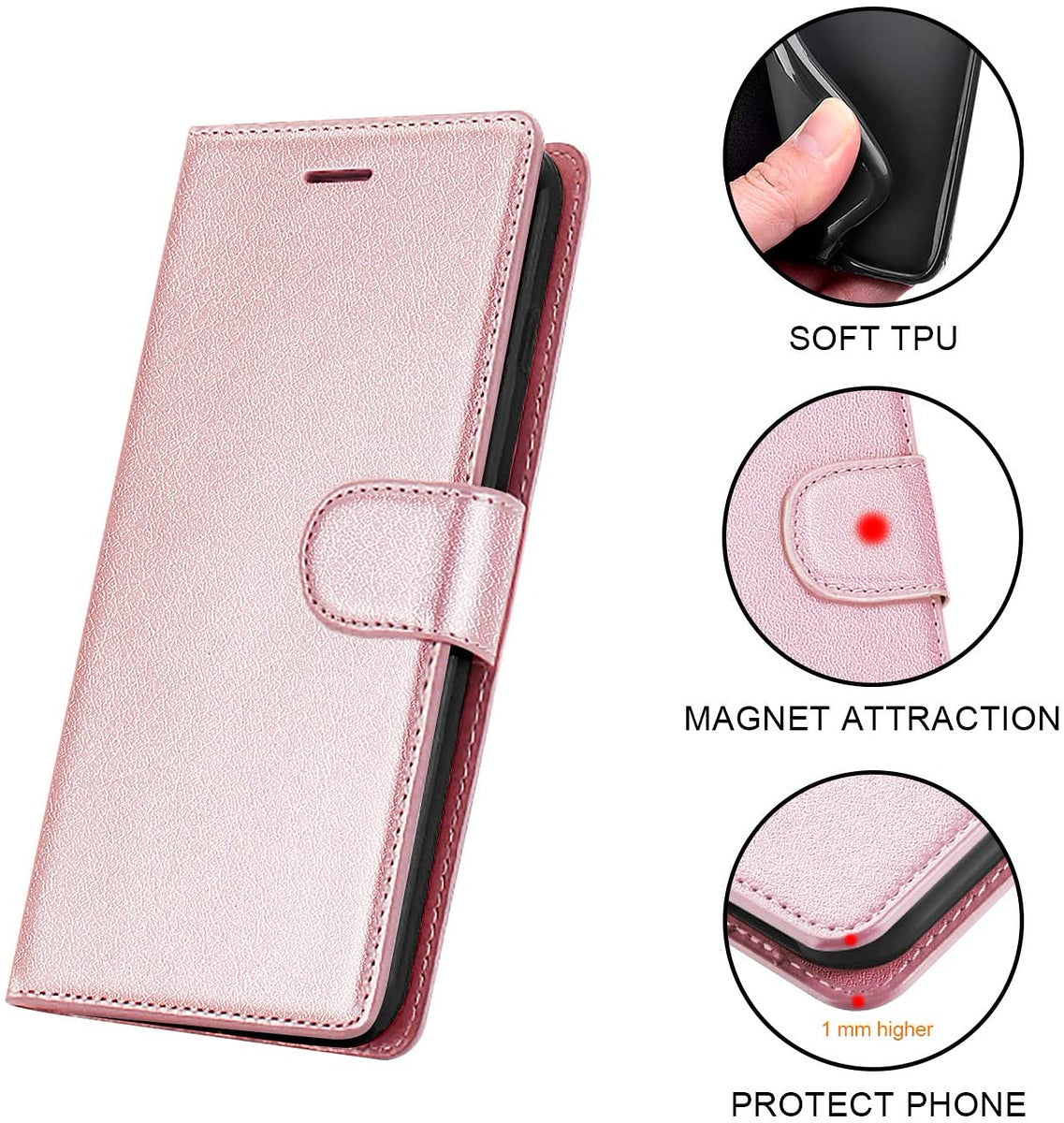 For Samsung Galaxy A16 5G Wallet PU Leather Pouch with Credit Card Slots Money Pocket, Stand & Strap Flip Bookstyle Case Cover Rose Gold