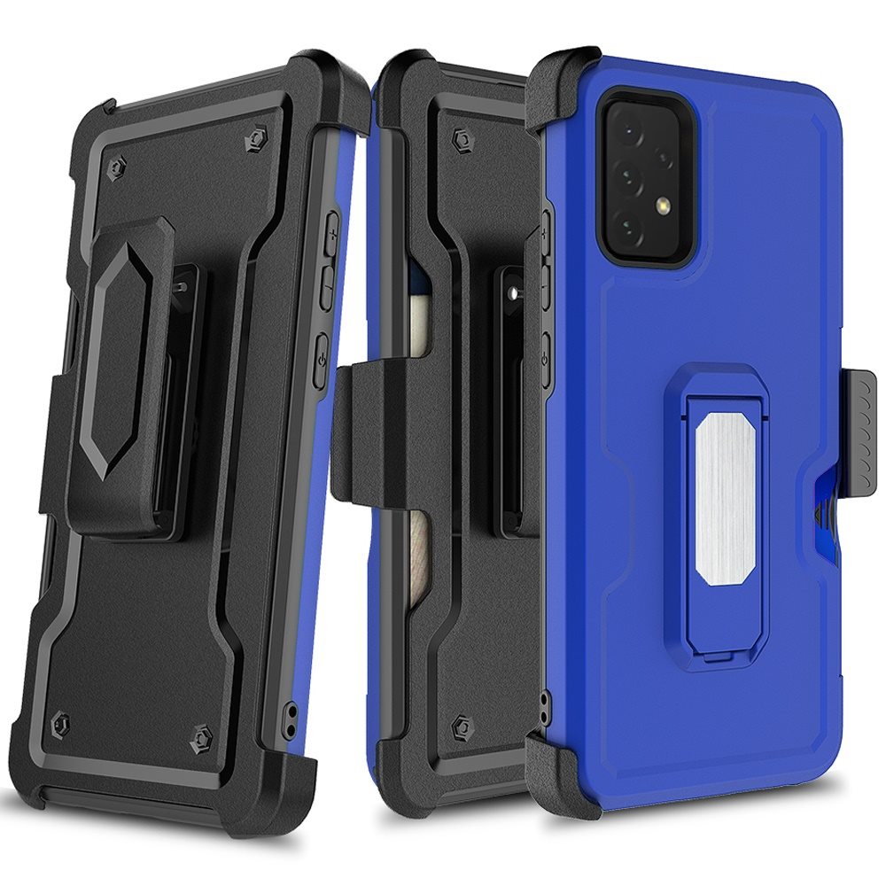 For Samsung Galaxy A16 5G Full-Body Hybrid Heavy Duty Armor Case with Belt Clip Holster, Credit Card Holder & Kickstand Case Cover Blue