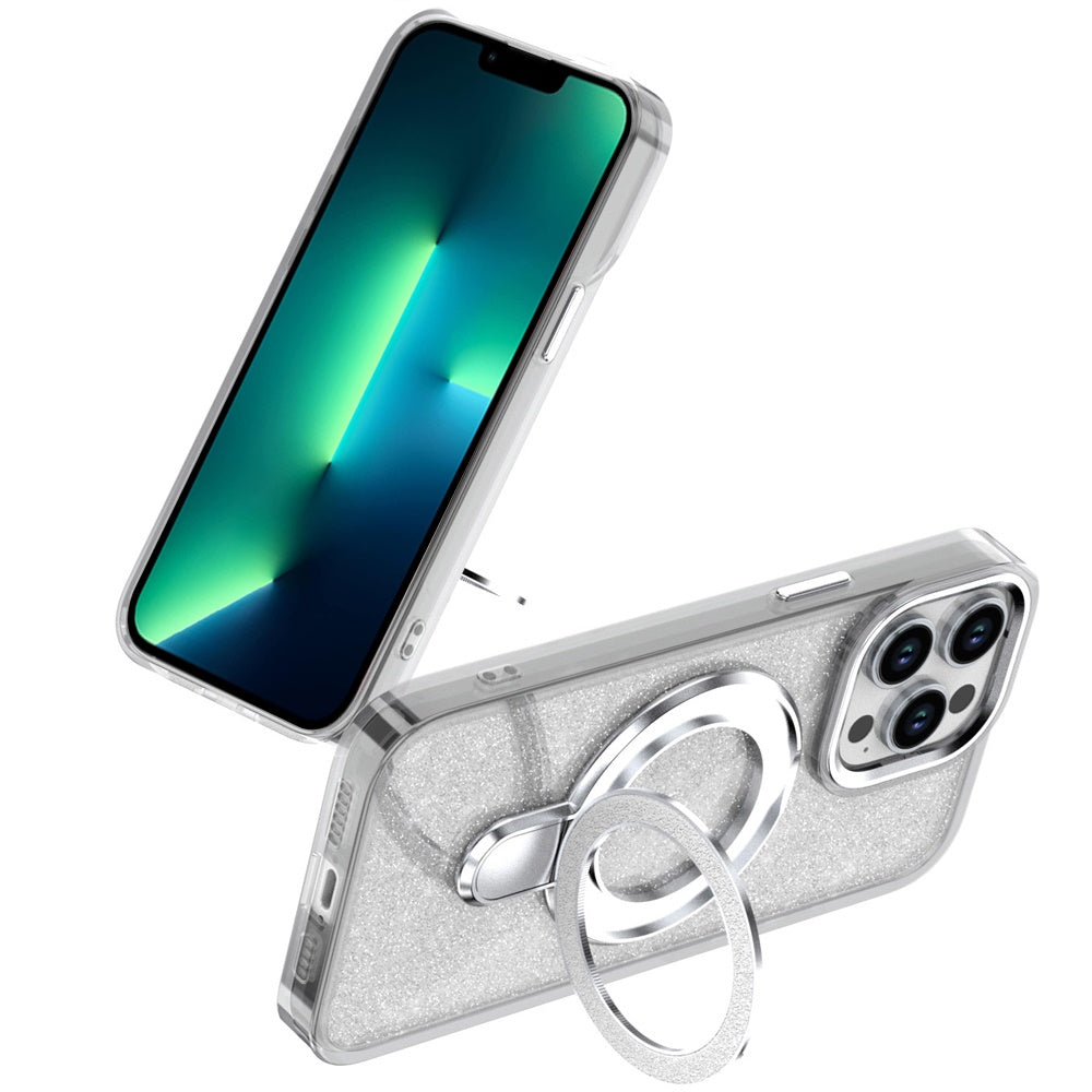 For Samsung Galaxy A16 5G Transparent Glitter Bling Case with Rotating Magnetic Ring Stand, Shockproof Hybrid Case Cover