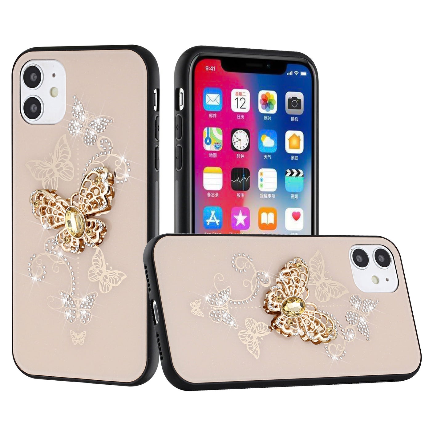 For Samsung Galaxy A06 Diamonds 3D Butterfly Bling Sparkly Glitter Ornaments Engraving Hybrid Metal Fashion Case Cover Gold Garden Butterflies