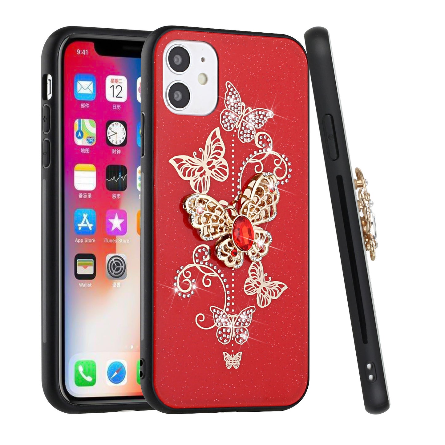 For Samsung Galaxy A06 Diamonds 3D Butterfly Bling Sparkly Glitter Ornaments Engraving Hybrid Metal Fashion Case Cover Red Garden Butterflies