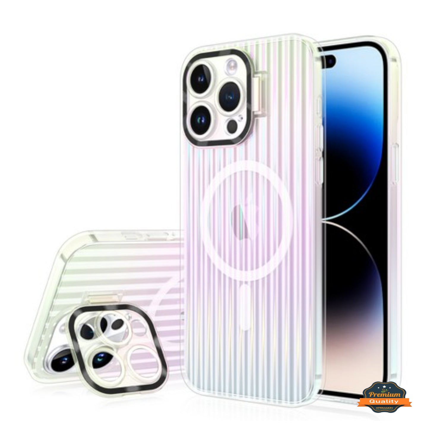 For Apple iPhone 15 Plus (6.7") Built-in Camera Kickstand Shockproof Iridescent Holographic Colorful TPU Slim Protective Phone Case Cover