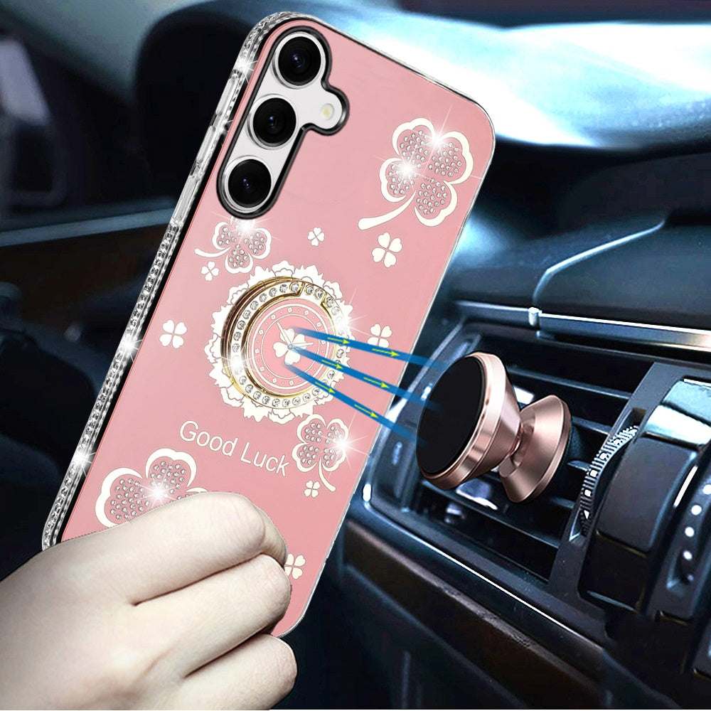 For Samsung Galaxy S25+ /S25 Plus /S24+ Plus Diamonds Bling All Around Edges Sparkly Glitter Hybrid with Ring Stand Holder Fashion Good Luck Case Cover