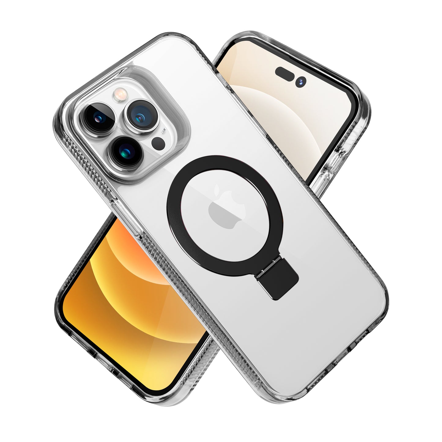 For Apple iPhone 16 Plus (6.7") Transparent HQ Magnetic Ring Circle Stand with MagSafe Compatible Hybrid Dotted Edged Case Cover