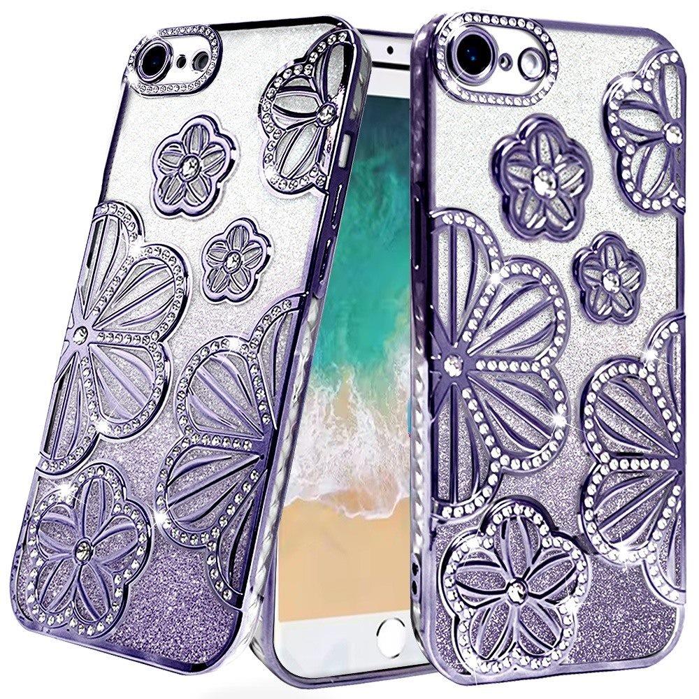 For Samsung Galaxy A16 Luxury Flower Design Sparkle Glitter Diamond Rhinestone Shimmer Bling Plating Thick TPU Hard PC Case Cover Flower Purple