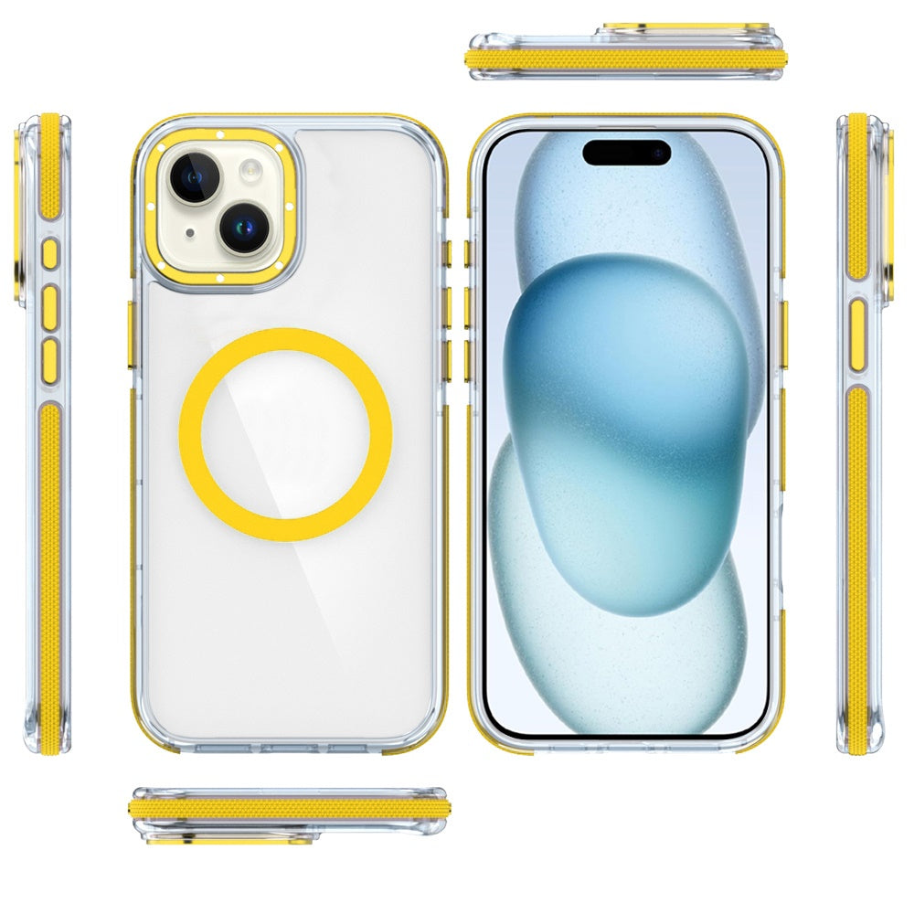For Apple iPhone 15 Transparent Back with Colorful Frame, Strong Magnetic Circle, MagSafe Compatible, Slim Shockproof Protection Case Cover