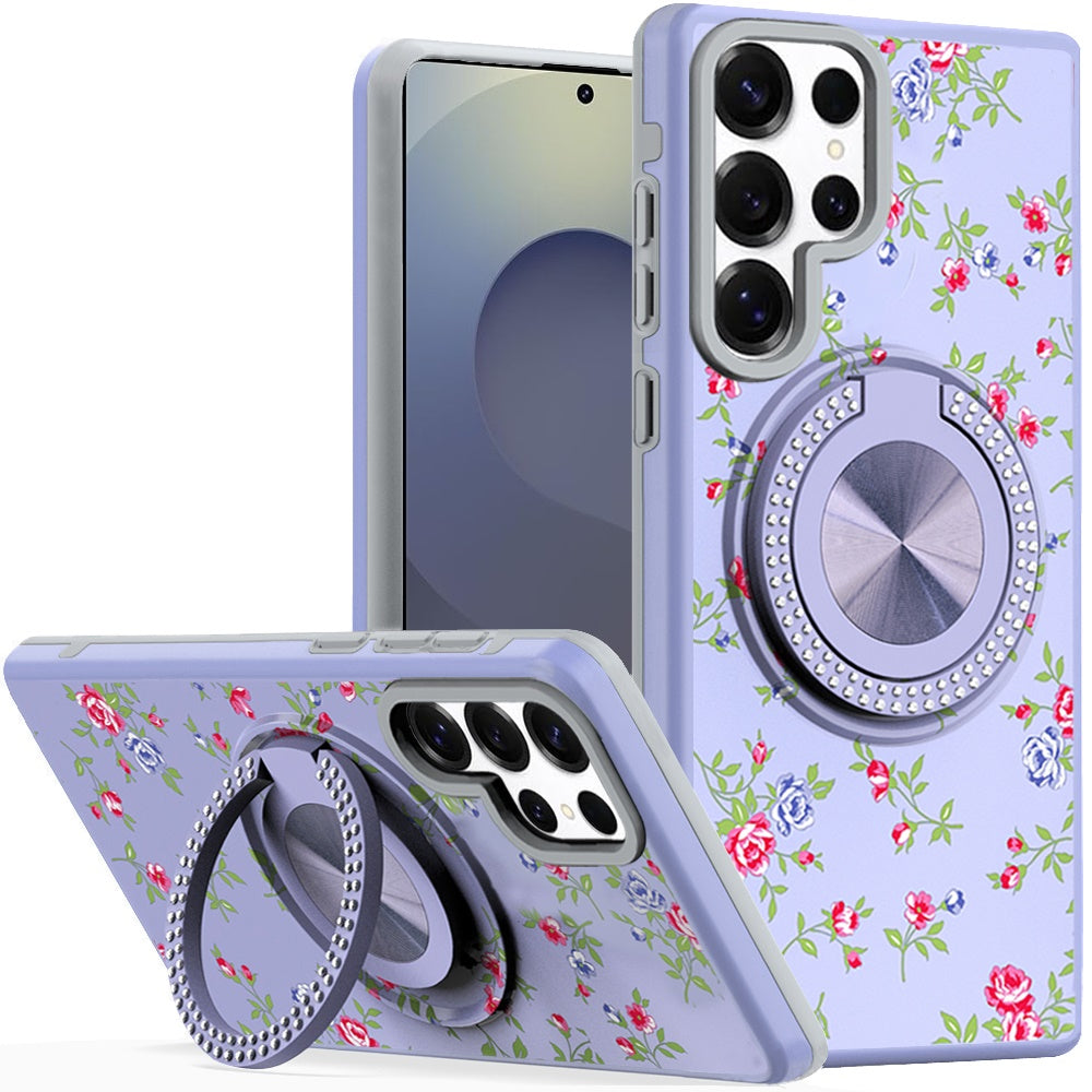 For Samsung Galaxy S25 Ultra Pattern Design Hybrid with Invisible Ring Stand & Magnetic Back, Shockproof Protective Grip Case Cover