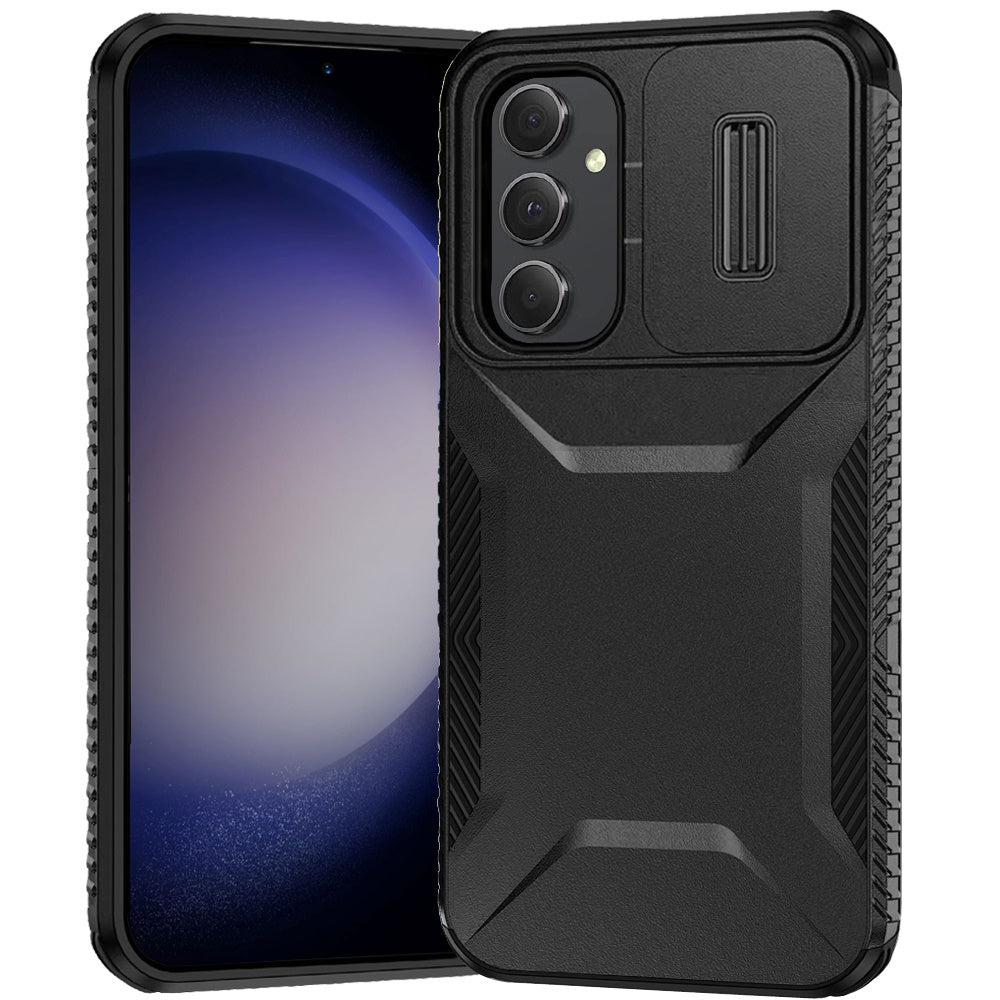 For Samsung Galaxy A54 Slim Fit Shockproof Hybrid with Slide Camera Window Covering, Rugged Tpu Silicone Hard PC Bumper Case Cover Black