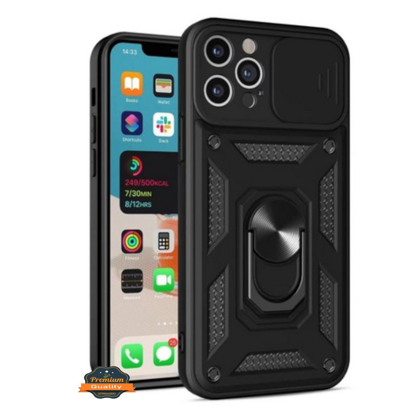 For Apple iPhone 15 (6.1") Built in Sliding Camera Lens Protection & Finger Ring Stand Holder Hybrid PC Shockproof Phone Case Cover