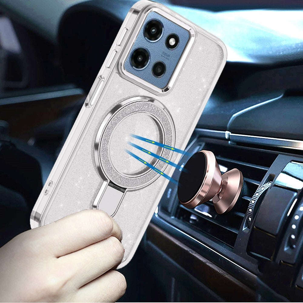For Motorola Moto G Stylus 5G 2025 Transparent Glitter Bling Case with Rotating Magnetic Ring Stand, Shockproof Hybrid Case Cover