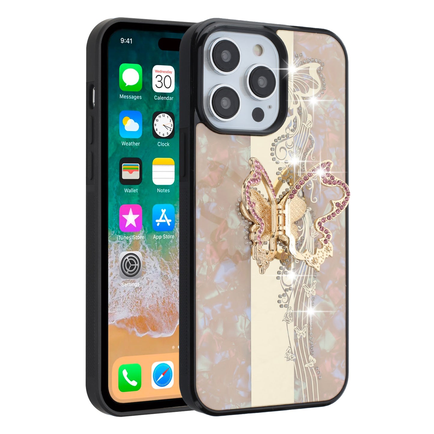 For Samsung Galaxy A06 Diamonds 3D Butterfly Bling Sparkly Glitter Ornaments Engraving Hybrid with Ring Stand Fashion Case Cover Enchanted Butterfly Gold
