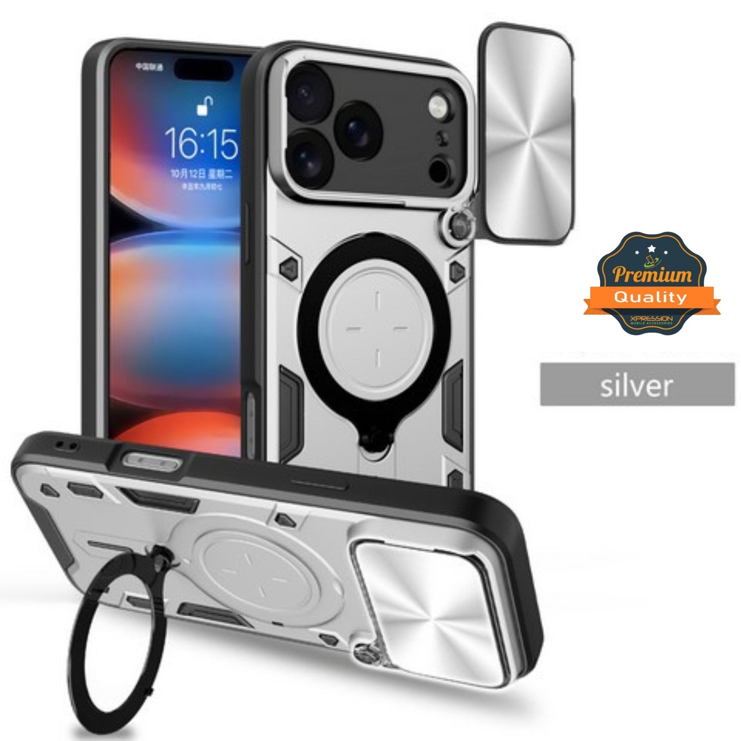 For Apple iPhone 17 Pro Hybrid Shockproof with Magnetic Ring Stand, Compatible with Magsafe & Sliding Camera Lens Protector Case Cover