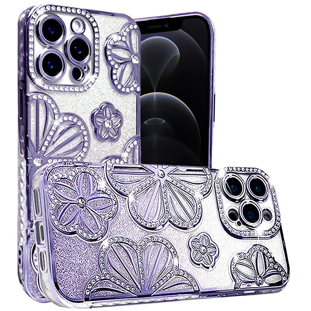 For Samsung Galaxy A16 Luxury Flower Design Sparkle Glitter Diamond Rhinestone Shimmer Bling Plating Thick TPU Hard PC Case Cover Flower Purple