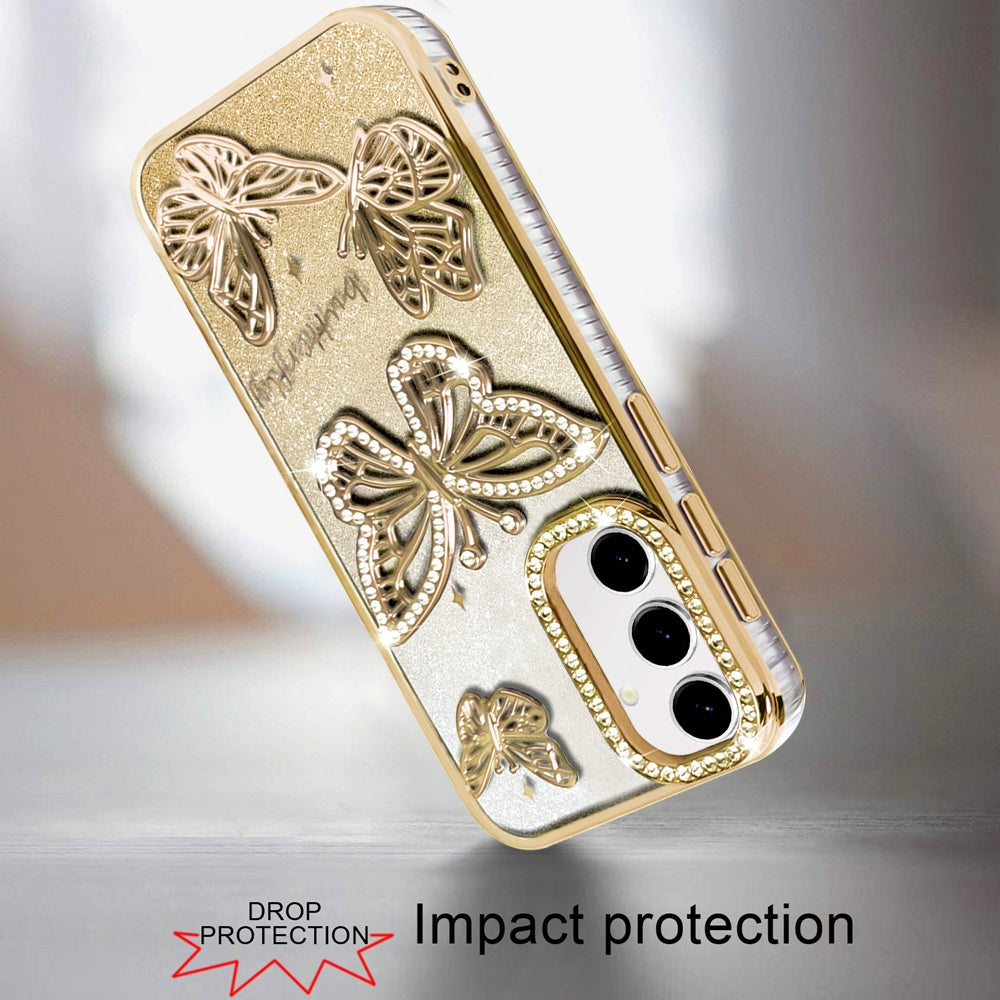 For Samsung Galaxy A16 Luxury Butterfly Sparkle Glitter Diamond Crystal Rhinestone Shimmer Bling Plating Thick TPU Hard PC Case Cover