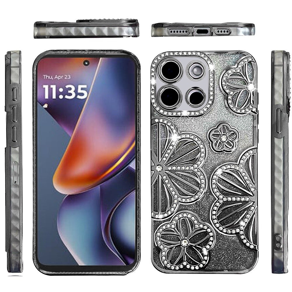 For Samsung Galaxy A16 5G Luxury Flower Design Sparkle Glitter Diamond Rhinestone Shimmer Bling Plating Thick TPU Hard PC Case Cover Flower Black