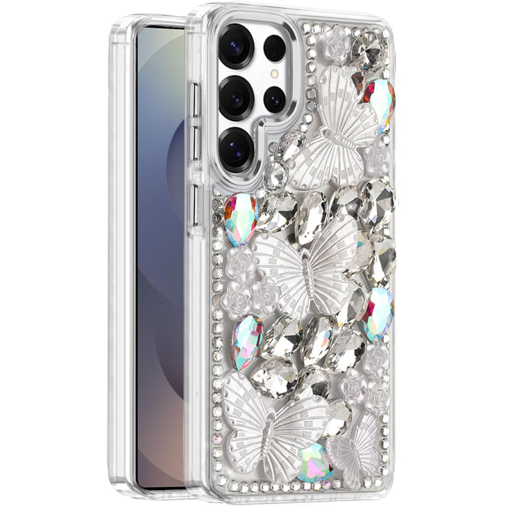For Samsung Galaxy A16 3D Diamond Floral Butterfly Bling Stone Hybrid, Sparkly Rhinestone Gemstone Back Shockproof Case Cover
